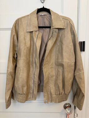 Isalis Tan Leather Bomber Jacket